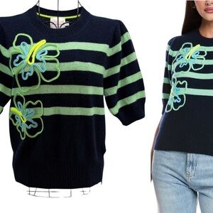 BRODIE Cashmere Women’s Aloha Striped Navy and Bright Green Soft Sweater Size XS